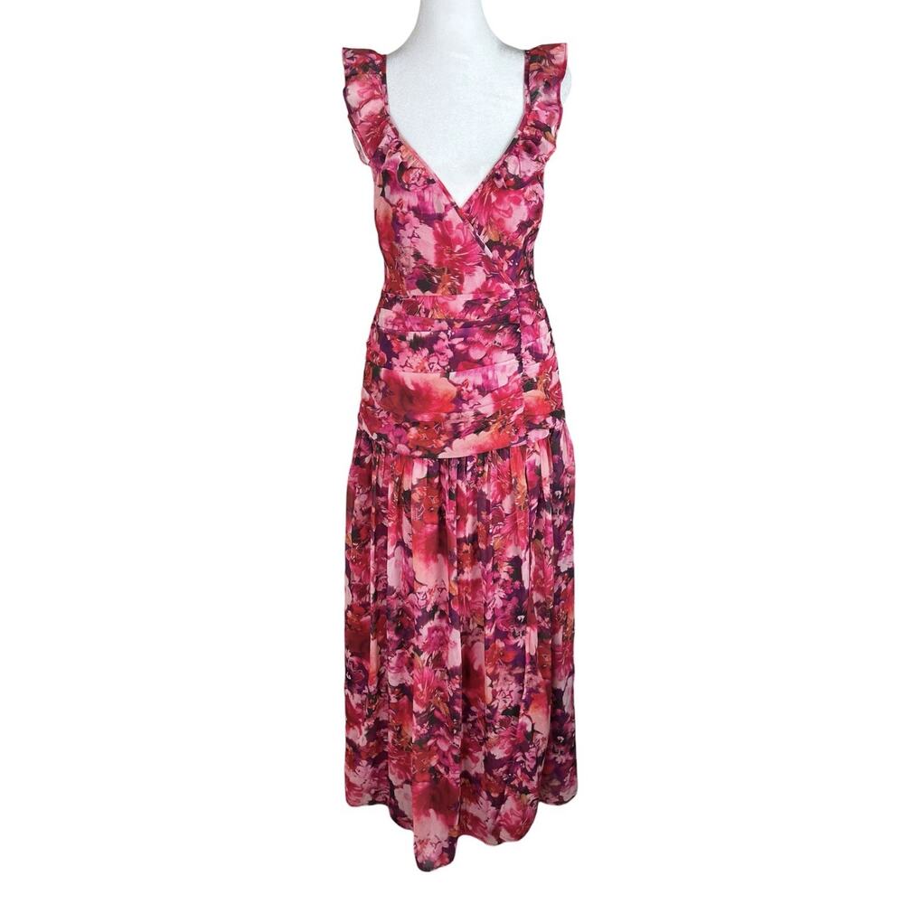 Showpo Jilliane Maxi Dress Ruched Thigh Slit Fuschia Frenzy Coquette Size 4 NWOT - Picture 2 of 9